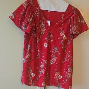Cato Red Floral V-Neck Blouse